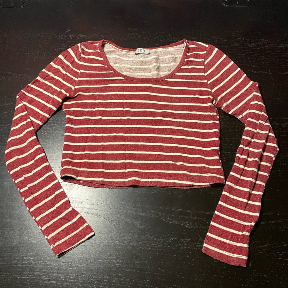 Tobi Red and White Striped Longsleeve Crop Top
